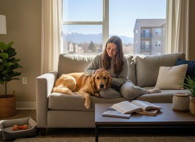 Woman petting golden retriever on couch