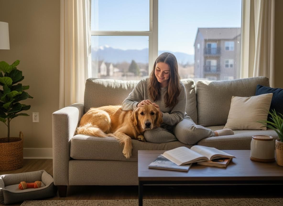 Woman petting golden retriever on couch