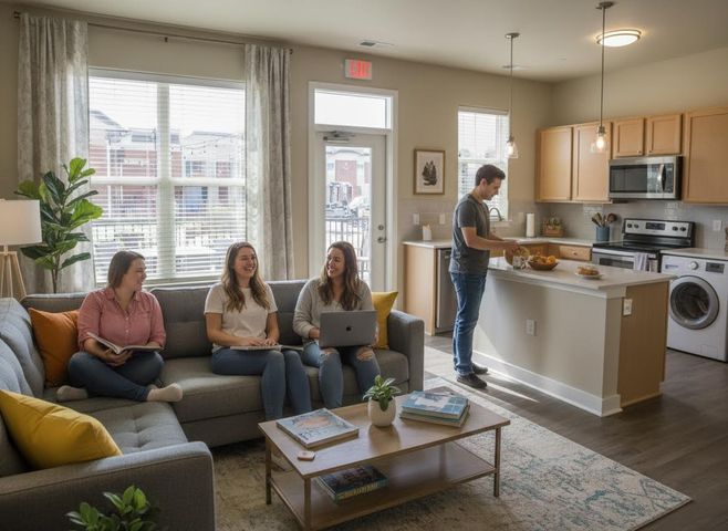Students relaxing and cooking in a modern apartment