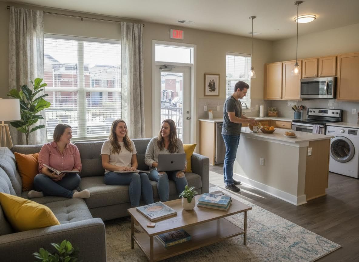 Students relaxing and cooking in a modern apartment