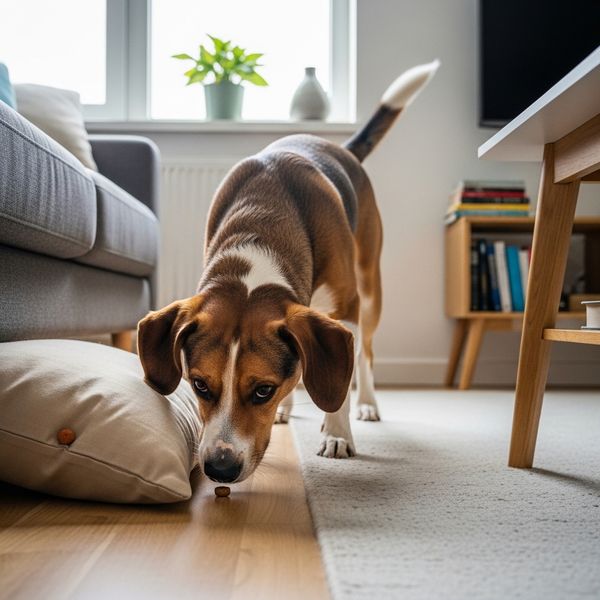 A dog engaging in scent work by searching for treats in an apartment