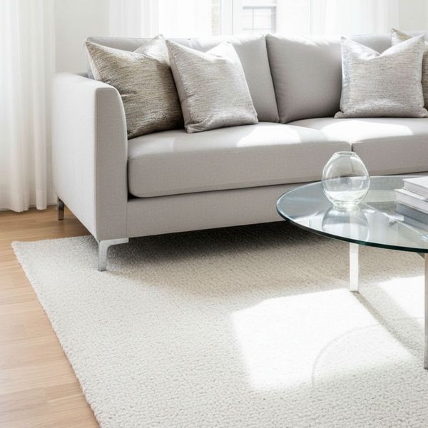 Close-up of light gray sofa and reflective metallic and glass decor Close-up of light gray sofa and reflective metallic and glass decor