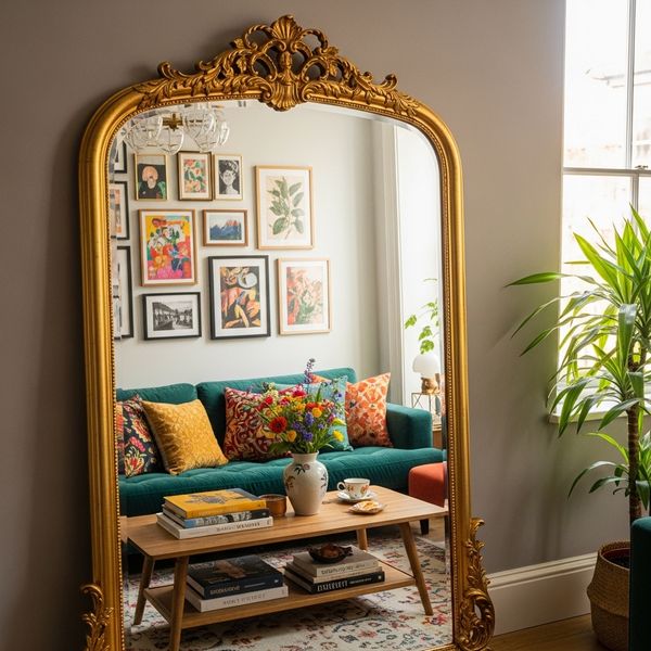 An ornate gold statement mirror reflecting a brightly decorated apartment interior