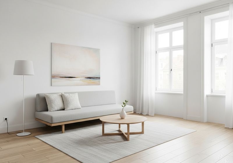 Extremely clean, bright, and minimalist luxury apartment living room with no visible clutter
