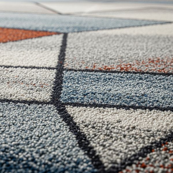 Close-up of a modern patterned area rug highlighting its texture and design
