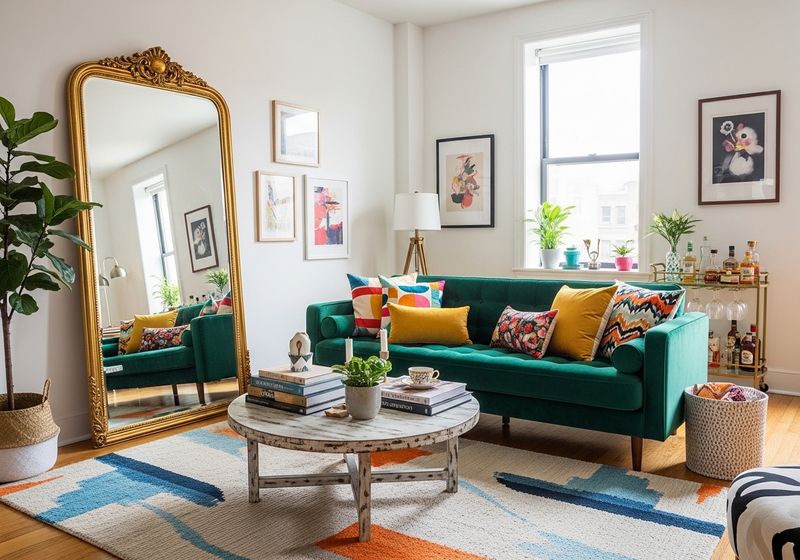 A vibrant and stylishly decorated maximalist apartment living room
