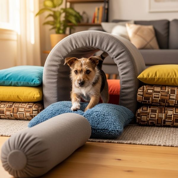 A dog navigating a creative indoor obstacle course made of cushions