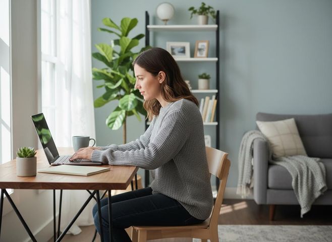 working on a computer in a home
