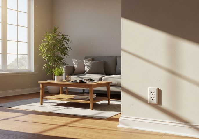 Bright, sunny apartment living room showing an electrical outlet
