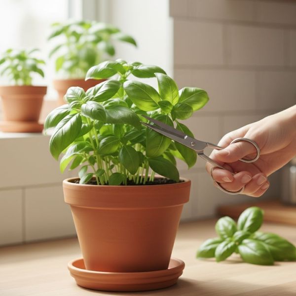 Hand using small scissors to carefully snip a few outer leaves from a vibrant green basil plant