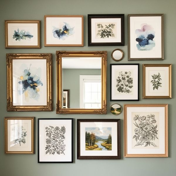 A beautifully curated gallery wall with framed art and a mirror