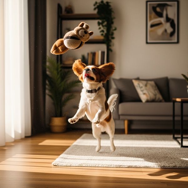 A small dog playing fetch with a soft toy in an apartment