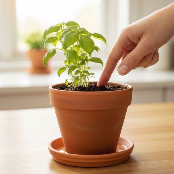 a hand testing the soil moisture in a potted herb plant, showing the pot sitting on a terracotta saucer