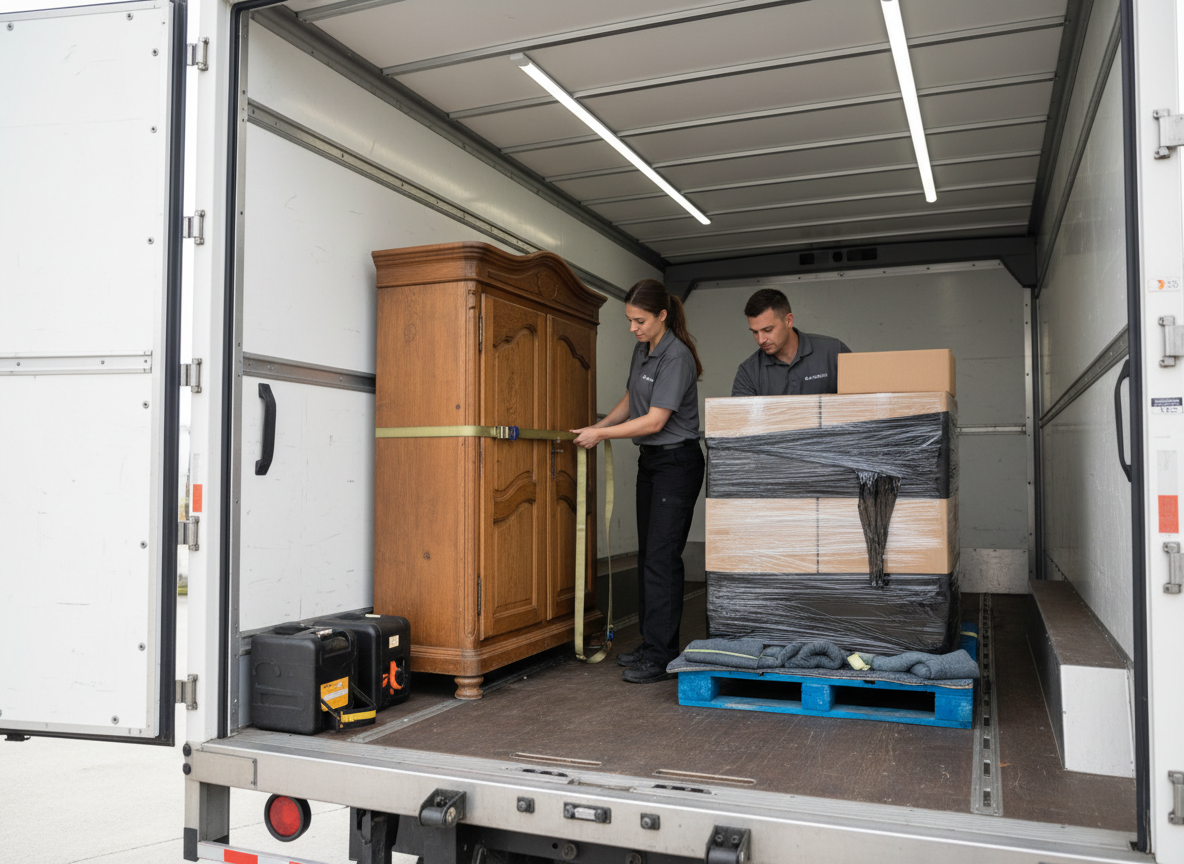 Professional movers securing furniture and boxes inside a truck