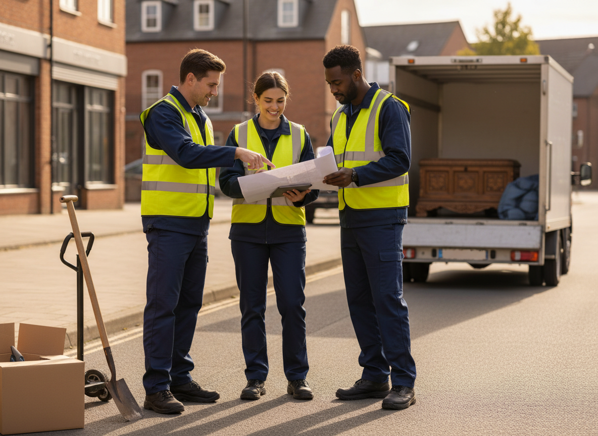 Three Workers Reviewing Plans with a Moving Truck
