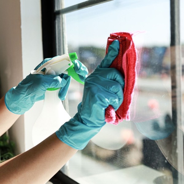 Woman cleaning windows with eco-friendly products