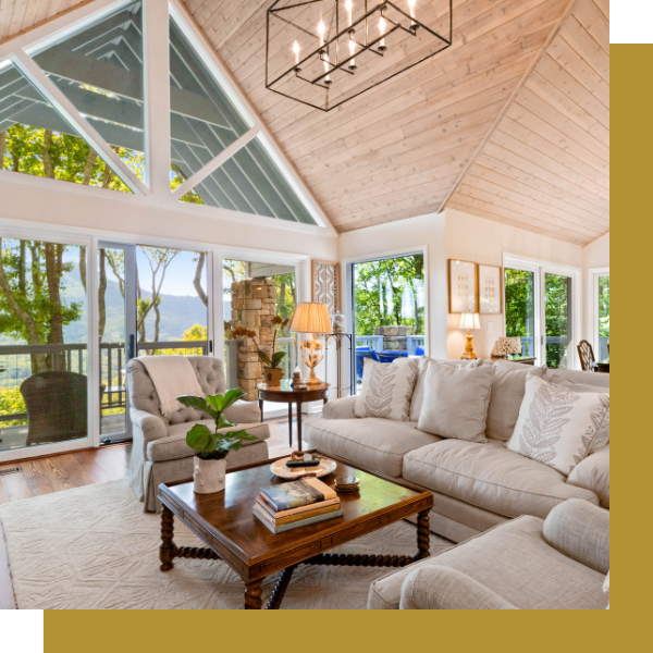 interior of luxury living room, vaulted ceiling