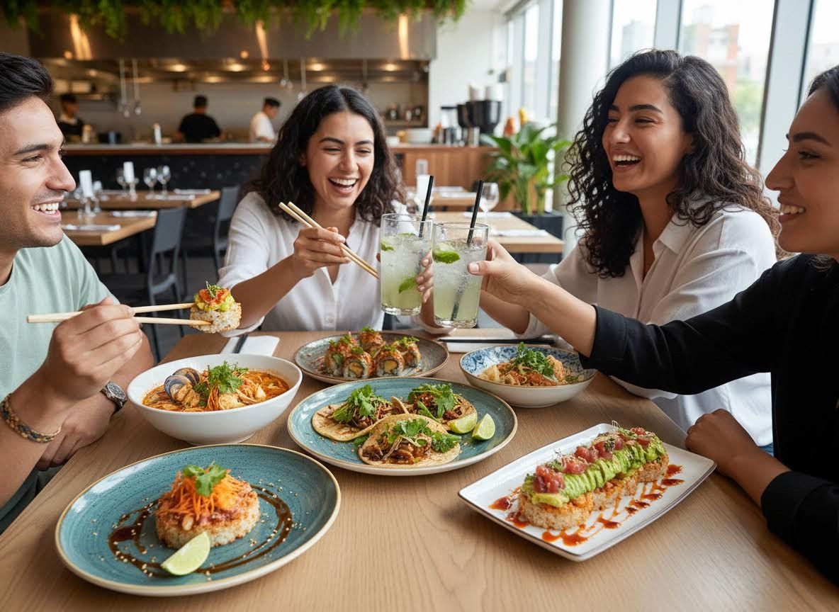 Friends sharing a meal and drinks at a restaurant