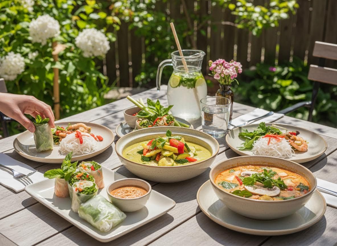 Outdoor Dining with a Spread of Asian Cuisine
