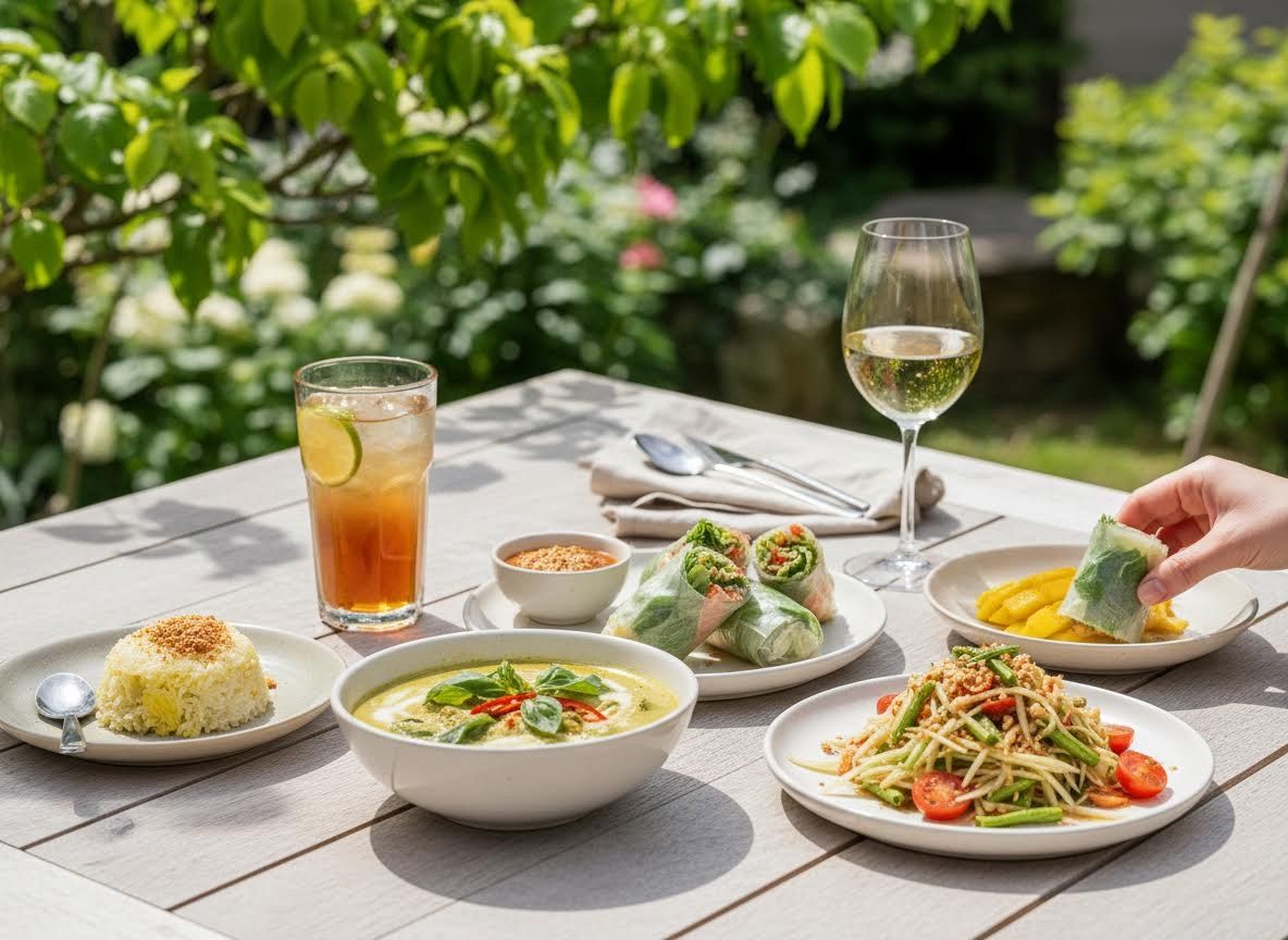 Outdoor Thai Meal with Green Curry and Spring Rolls