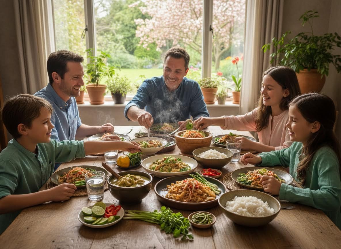 Family enjoying an Asian meal at home
