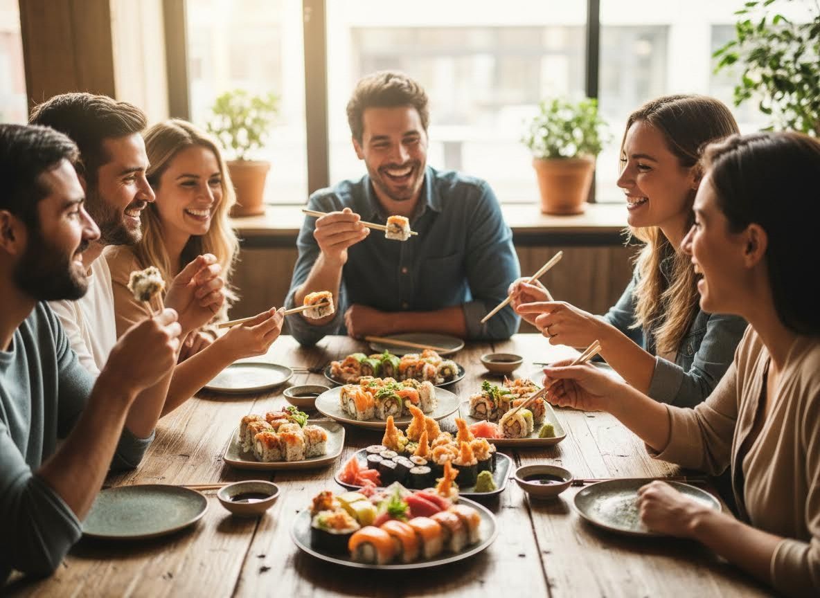 Friends eating sushi at a restaurant