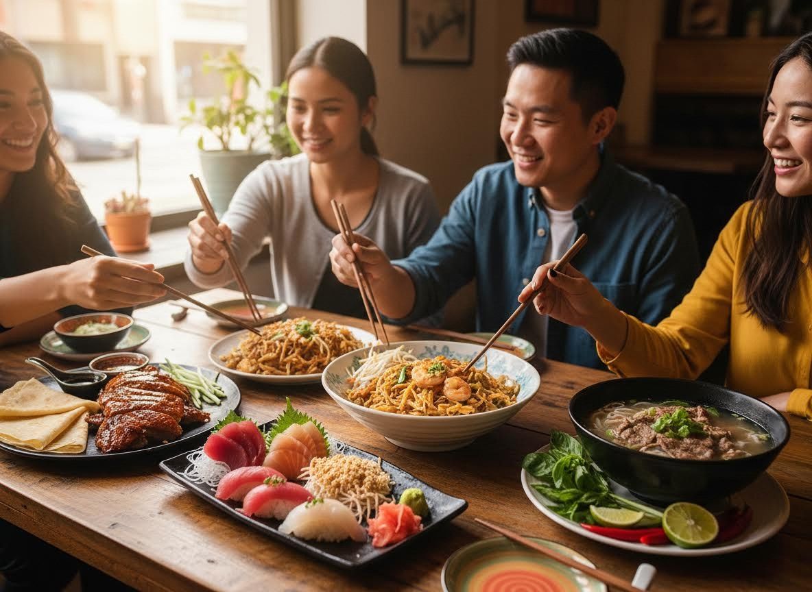 Friends Sharing an Asian Feast at a Restaurant