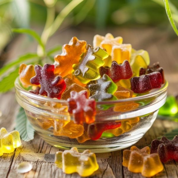 bowl of sugar-coated CBD gummies