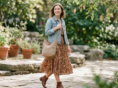 A smiling woman in a brown floral dress, denim jacket, and brown boots walks in a garden, carrying a detailed light brown crocheted shoulder bag. Smiling Woman in Floral Dress and Crocheted Bag Walking in Garden