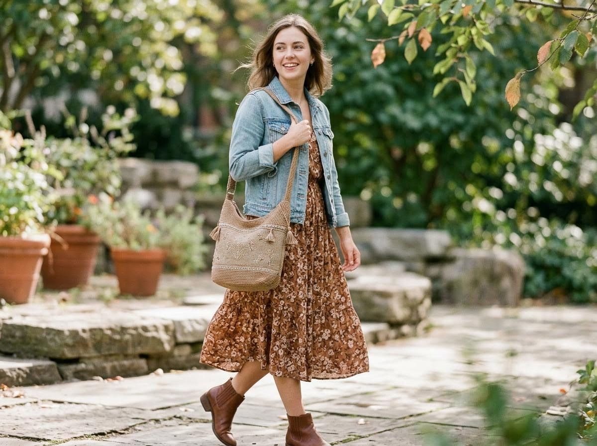 Smiling Woman in Floral Dress and Crocheted Bag Walking in Garden