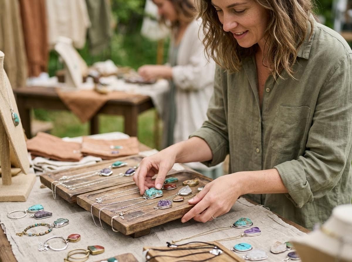 Woman arranging gemstone jewelry at outdoor market