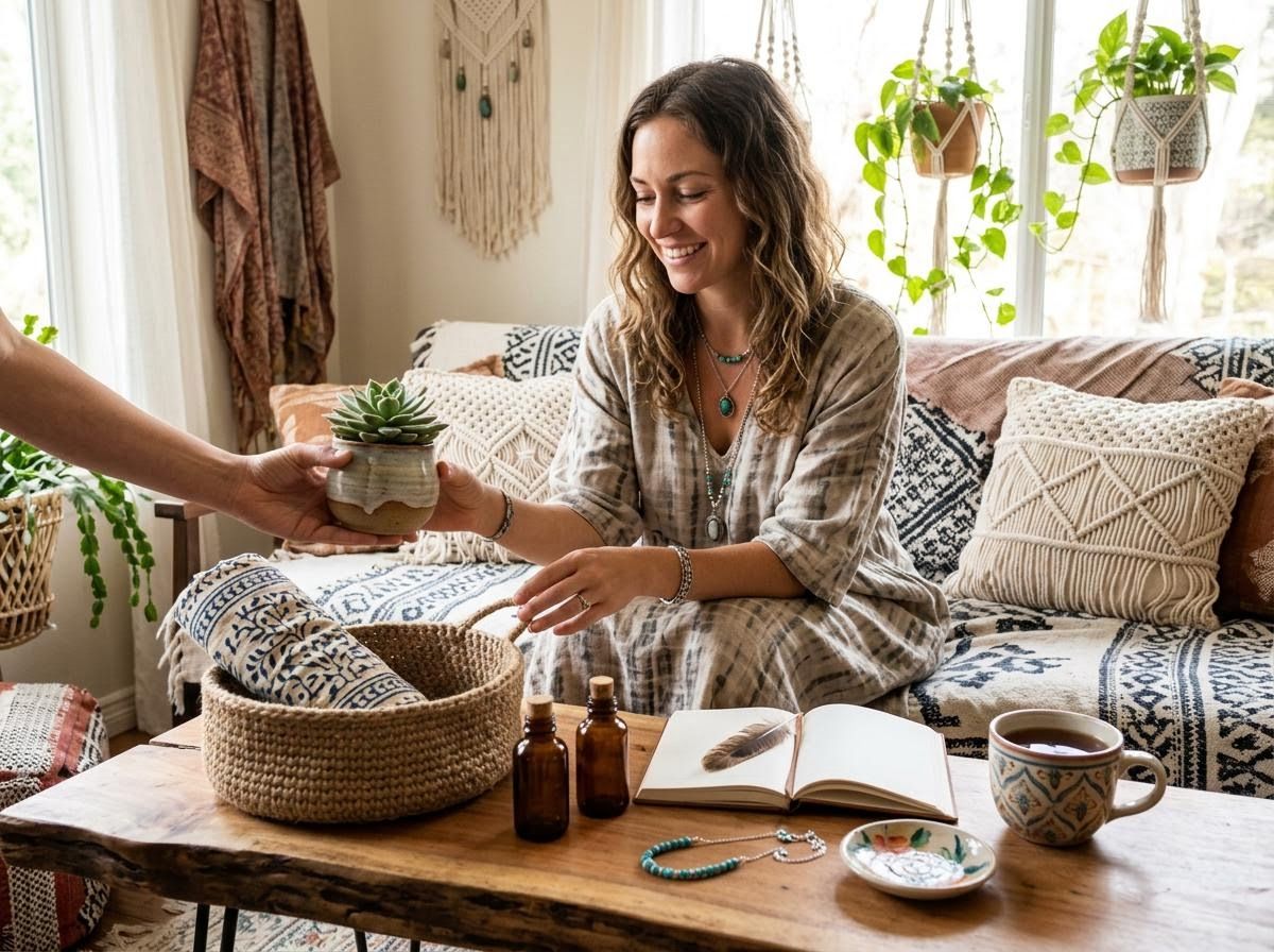 Smiling woman receives a potted succulent in a cozy bohemian room