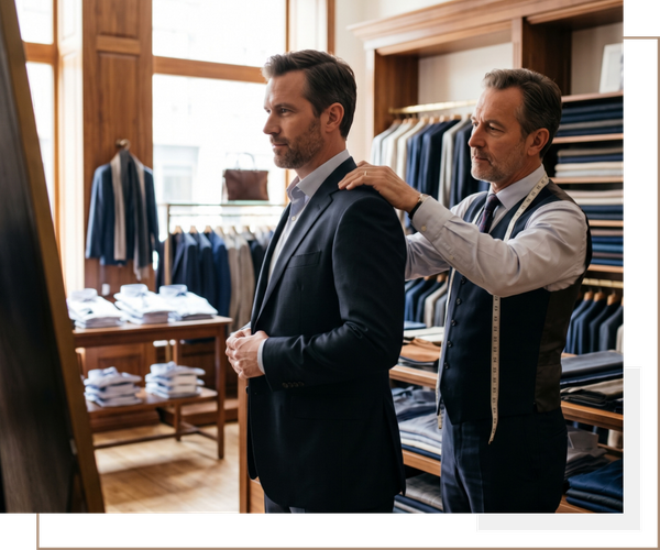 A male customer trying on a suit jacket while an attentive stylist gently adjusts the shoulder fit in a well-lit, luxury clothing boutique.