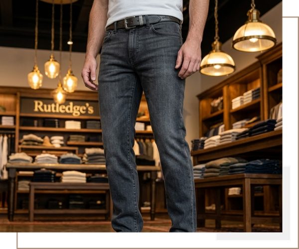 A man trying on demin in Rutledge's
