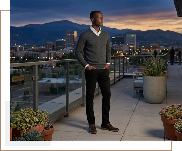 A man wearing slim-fit black jeans standing on a balcony in Colorado Springs