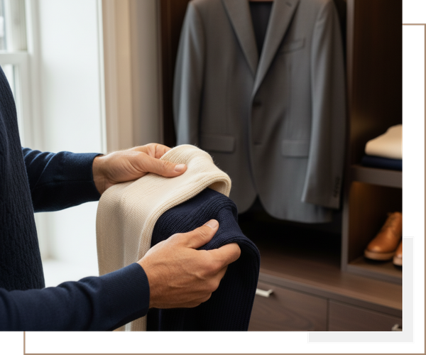 A man's hands gently feel the luxurious textures of folded cream and navy knitwear