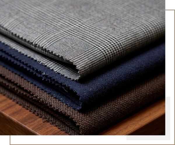 the raw, woven edges of a stack of three luxury suit fabric swatches