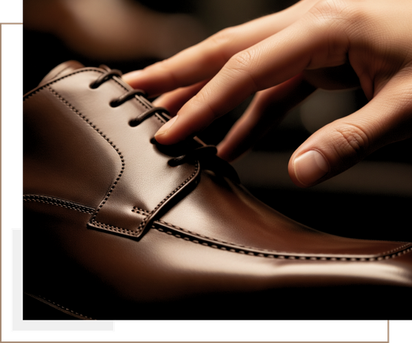 A person's hand gently touching the supple, high-quality leather of a Di Bianco shoe. A person's hand gently touching the supple, high-quality leather of a Di Bianco shoe.