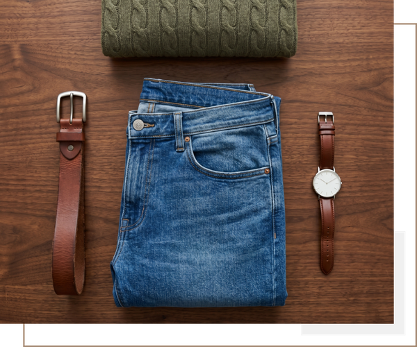 Flat lay of mens clothing featuring versatile denim jeans and accessories.