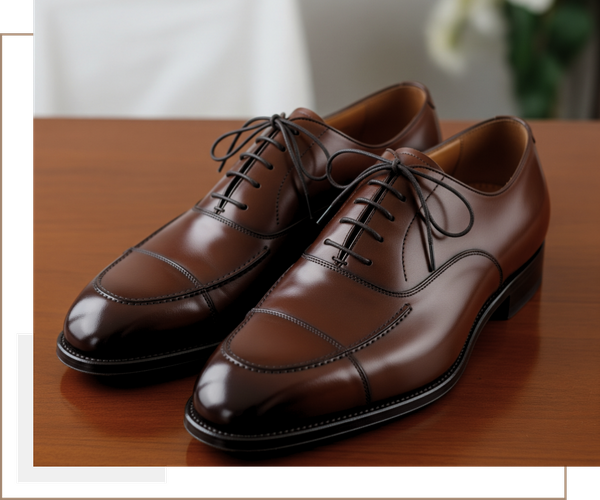 A pair of classic Di Bianco brown leather dress shoes displayed in an elegant setting.