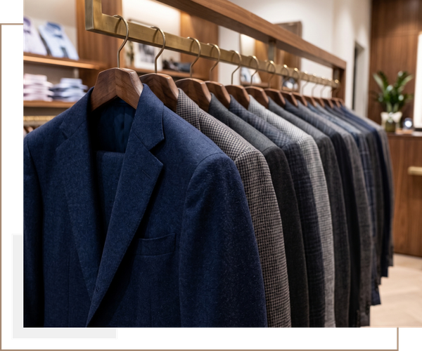 A row of beautifully tailored men's suit jackets hanging neatly on a wooden rack in an upscale menswear store. 
