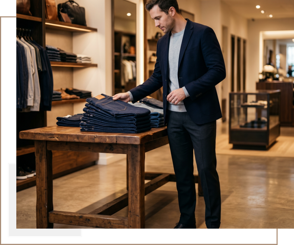 Upscale boutique display featuring neatly folded premium denim jeans.