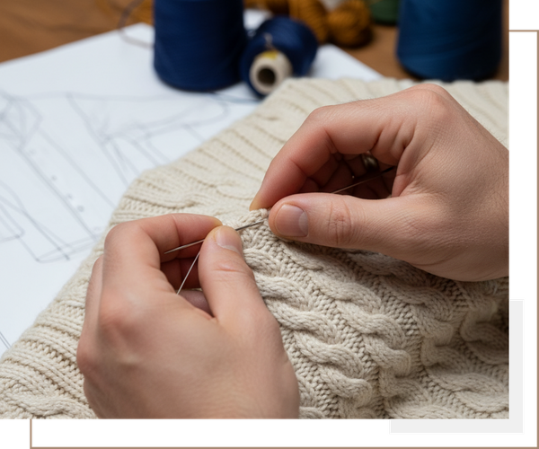 Close-up of skilled hands meticulously stitching a detail on a luxurious, cream-colored knitted garment