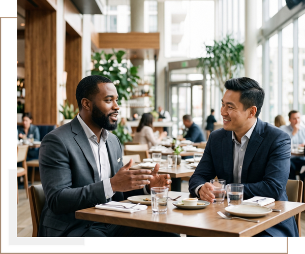Two diverse men in sharp, contemporary business suits having a genuine, engaging conversation in a sophisticated, brightly lit modern restaurant.
