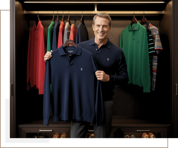 A smiling, well-dressed man stands in a luxurious walk-in closet, holding up a high-quality navy blue Saint Croix polo shirt