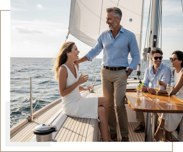 a man touching a woman's shoulder on a boat while they all smile