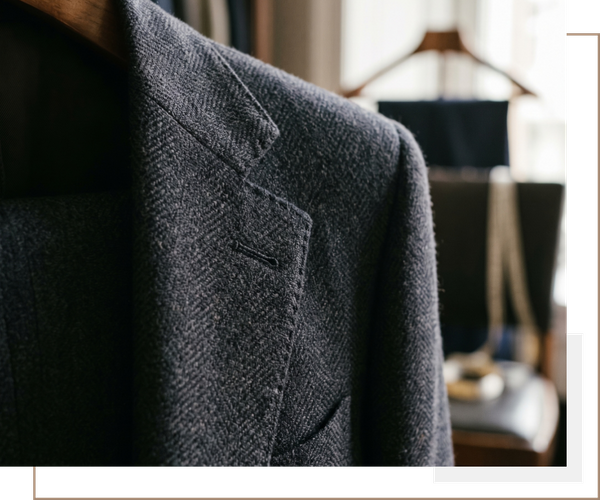 Close-up macro photography of a high-quality wool suit jacket, focusing on the intricate stitching and premium fabric texture. 