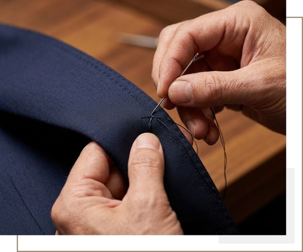 a tailor's hands precisely hand-stitching with a needle and thread on a navy blue wool suit jacket lapel