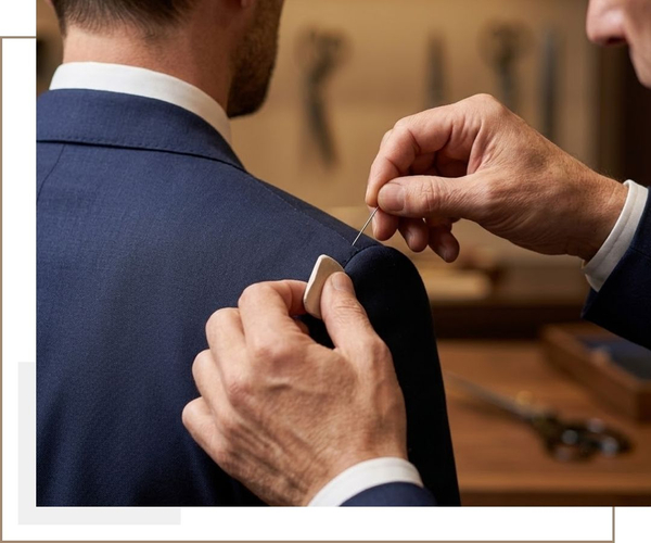 a skilled tailor's hands using a precision pin to adjust the shoulder seam of a bespoke navy blue suit jacket during a fitting