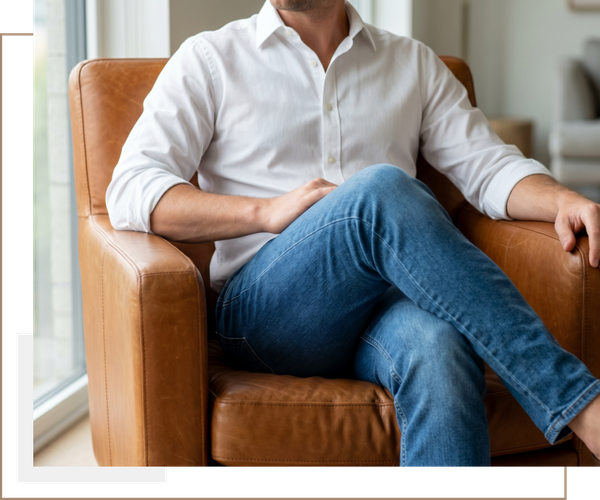 Man sitting comfortably in a leather chair wearing perfectly fitted jeans.